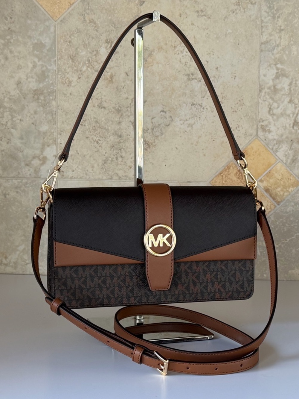 Michael Kors Greenwich MD Flap Shoulder Crossbody Bag MK Brown - Picture 3 of 12